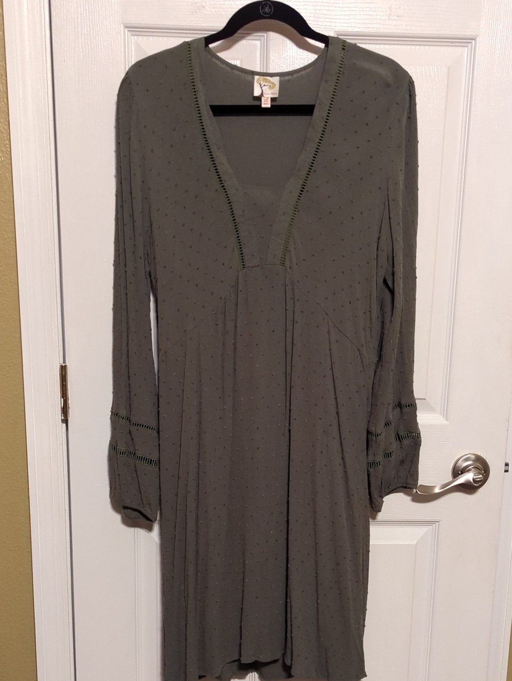 fig and flower Olive Green Long Sleeve V‑Neck Boho Dress